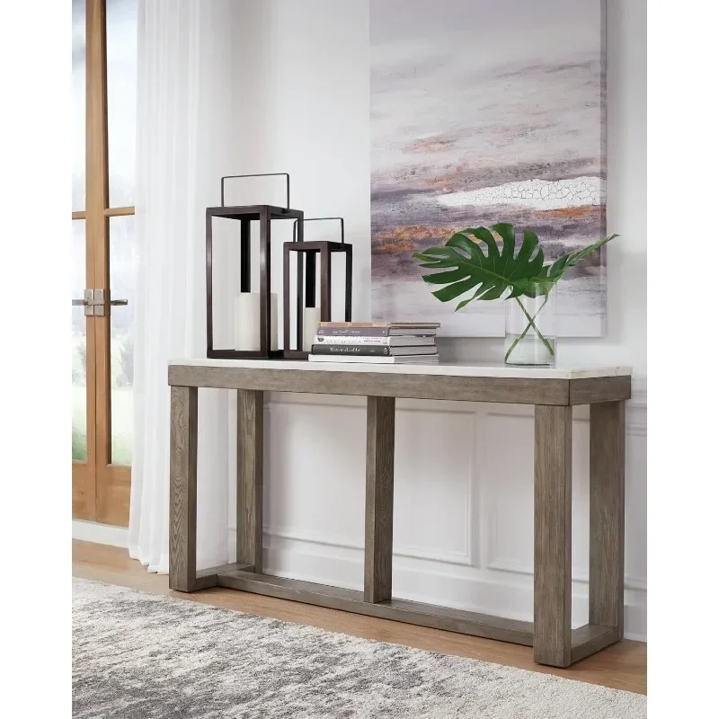 Casual Sofa Table with Marble Top, Made with Ash Veneer and MDF Substrate,Trend-right Grayish Brown Wood-tone Finish