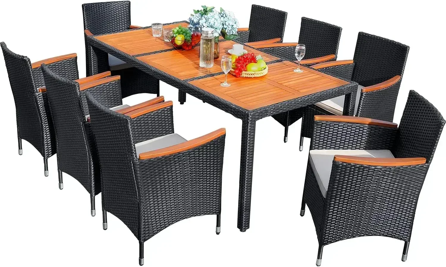 （XMSJ-Hot）9 Piece Patio Dining Set Outdoor Acacia Wood Table and Chairs with Soft Cushions Wicker Patio Furniture for Deck,Backy