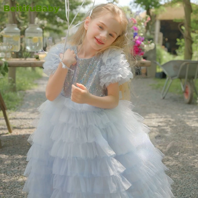 BeitifuBaby-vestido de festa infantil, estilo princesa, manga curta, top de lantejoulas, saia com renda, vestido de baile, vestido de flores, 2022