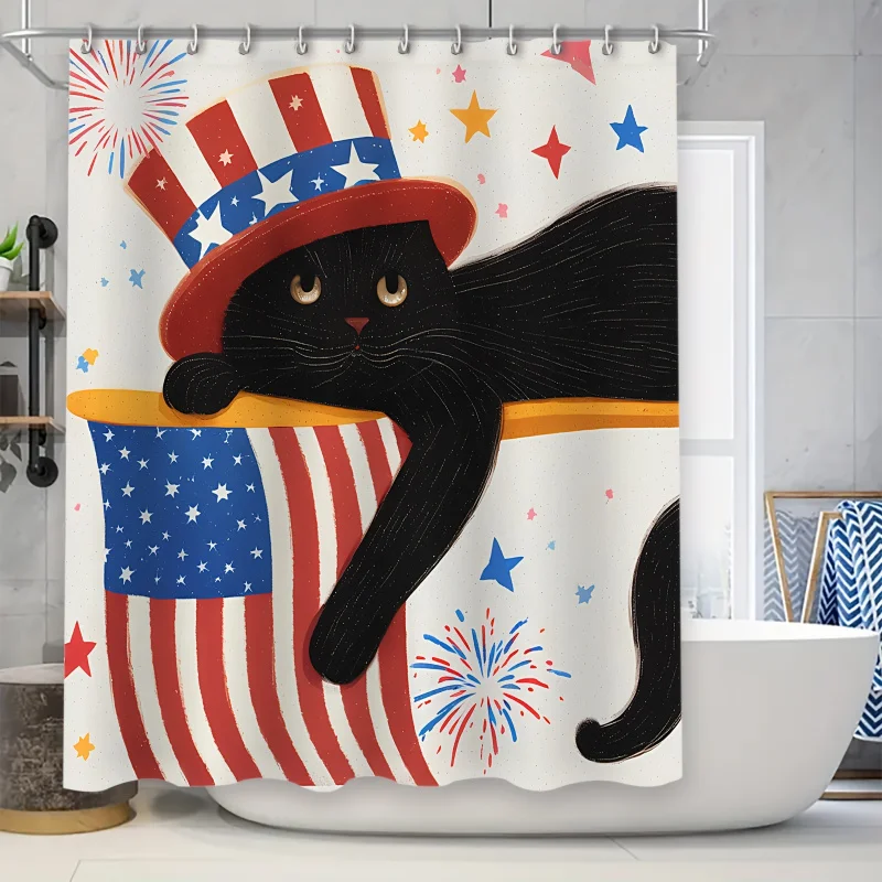 Chic Black Cat & American flag shower curtain set-waterproof, moisture-repellent with 12 hooks, machine washable polyester bat