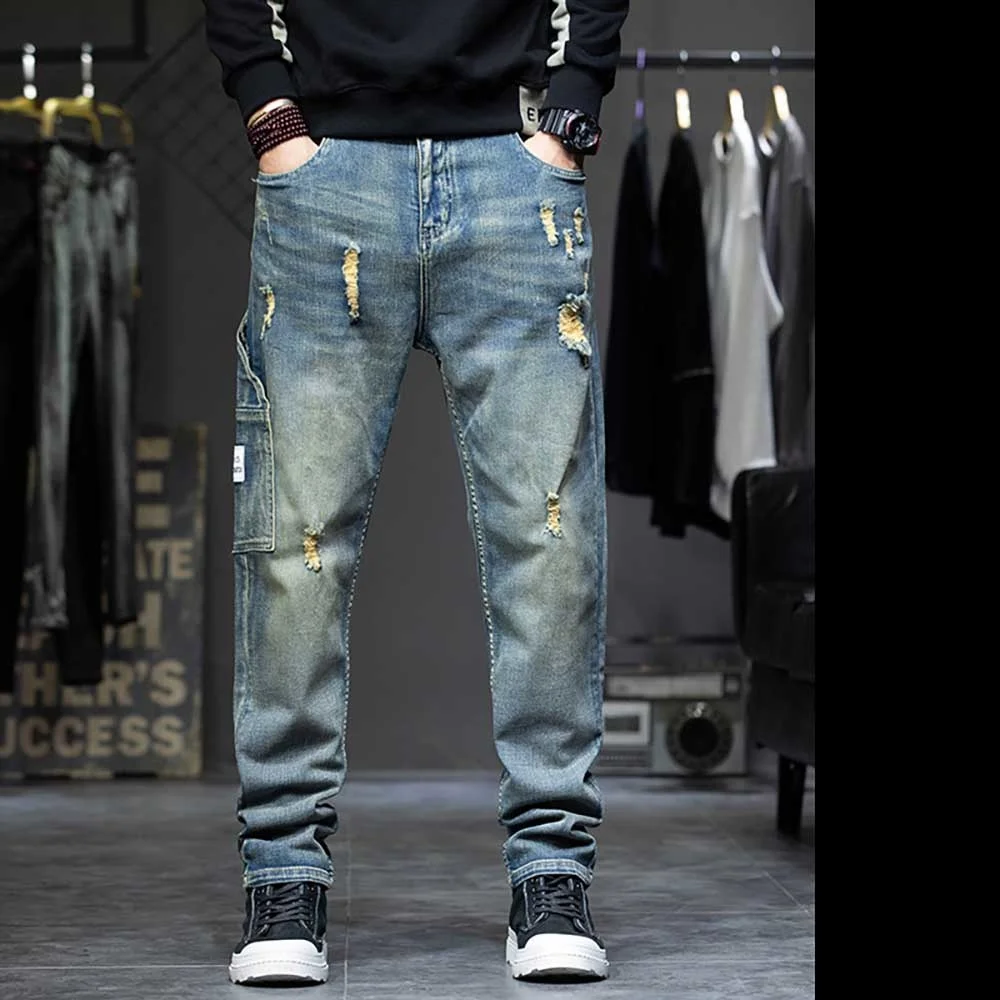 Trendy Cargo Pants Men Casual Distressed Jeans Patchwork Loose Baggy Trousers Streetwear Denim Plus Size Retro