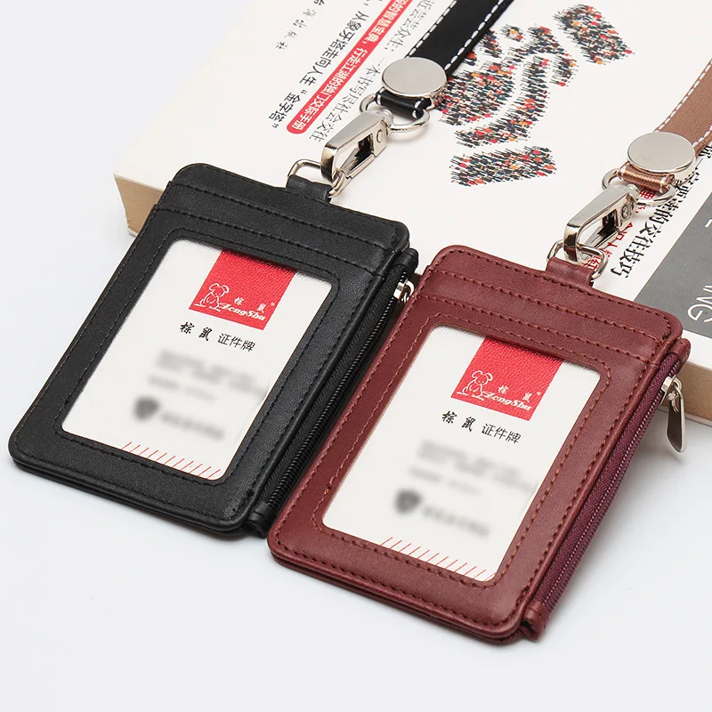 

PU Leather ID Card Holder with Lanyard Zipper Multi-card Slot Work Badge Student Card Case