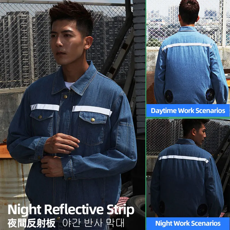 Summer Welder Air Conditioning Clothes Men Fan Clothes Non-Sparking Denim Fan Jacket Hot Weather Workers Cooling Work Clothes