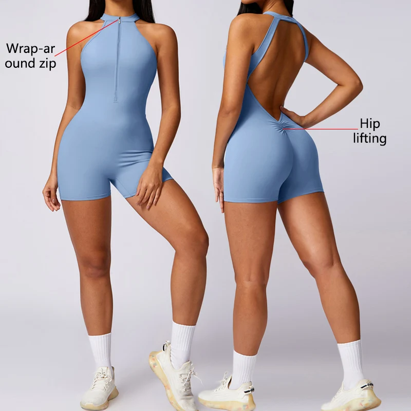 

2026 Solid Color High-intensity Nude Tight Fitting Sports Back Jumpsuit Yoga Suit Tight Fitting Running Fitness Suit