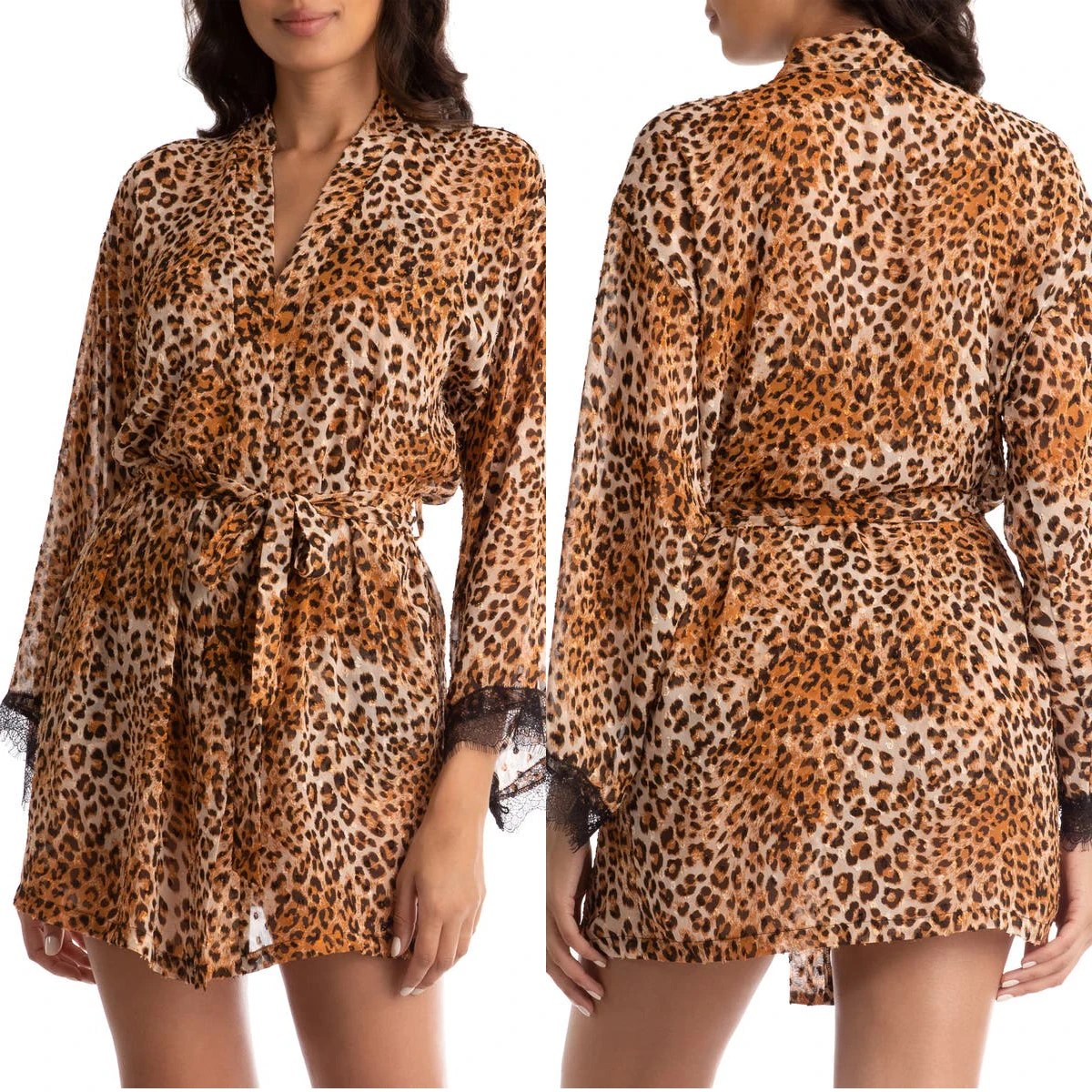 

Classic Leopard Women Sleepwear With Belt New Hot Sale Cuff Lace Long Sleeve Babydoll Lmitation Silk Mini -Length Bathrobe Dress