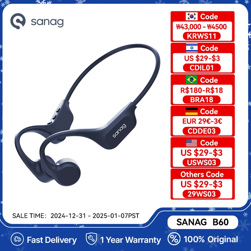 Sanag B60 True Bone Conduction Wireless Earphone Swimming Riding Bluetooth Headphones 64GB Memory MP3 Music Playback Earbuds