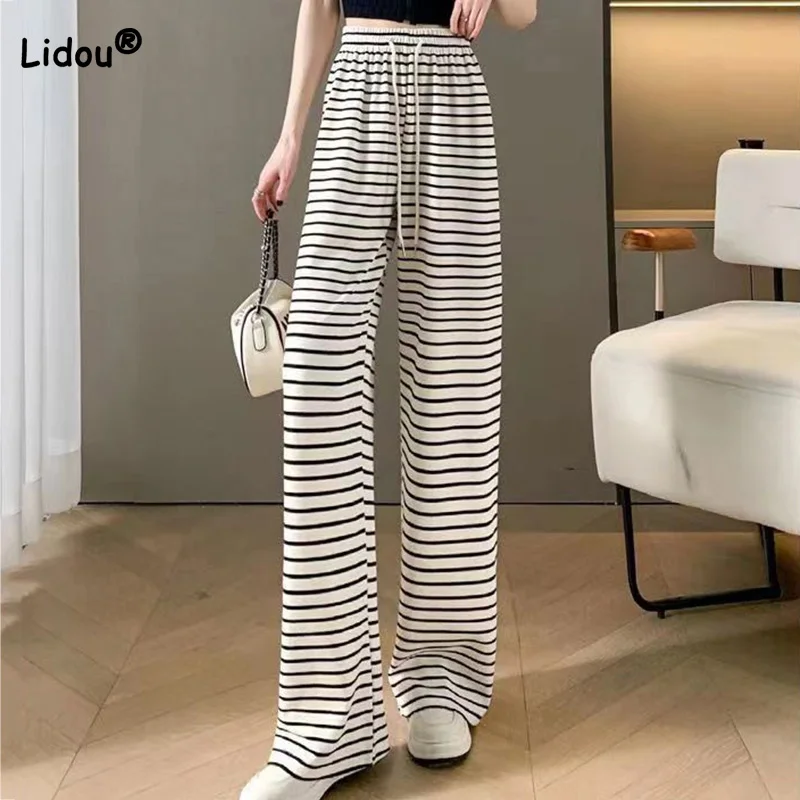 Spring Summer Drawstring Zebra High Waist Drop Casual Straight Trousers Womens Korean Horizontal Stripe Loose Wide Leg Pants