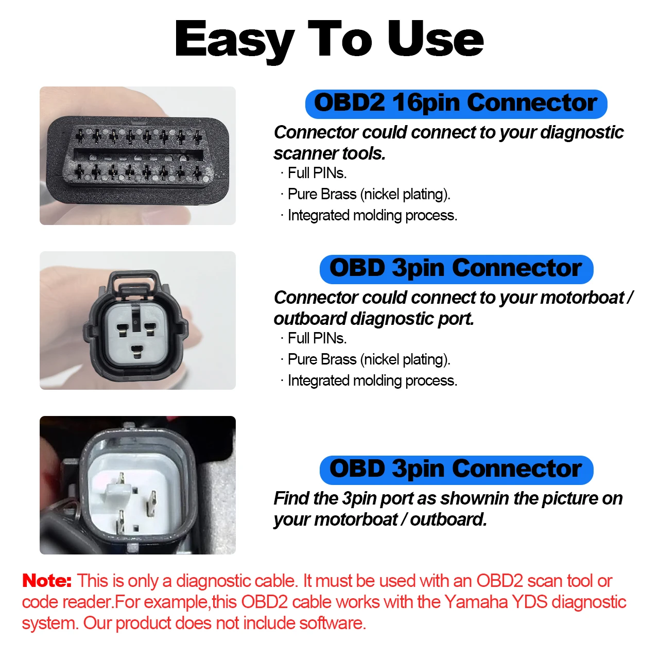 Outboard Diagnostic Cable for Yamaha 3pin OBD1 to OBD2 Adapter for Jet-Boat/Motorboat/Mercury Marine OBDII Diagnostic Connector