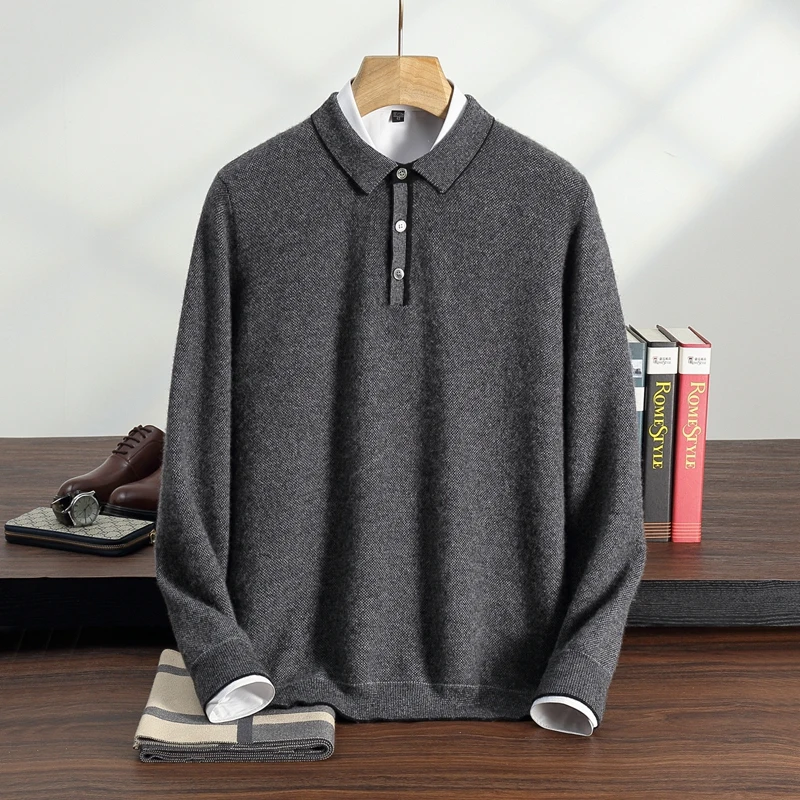 Men's 100% Cashmere Business Polo Collar Pullover Classic Fashion Long Sleeve Sweater Autumn Winter Casual Versatile Knit Top