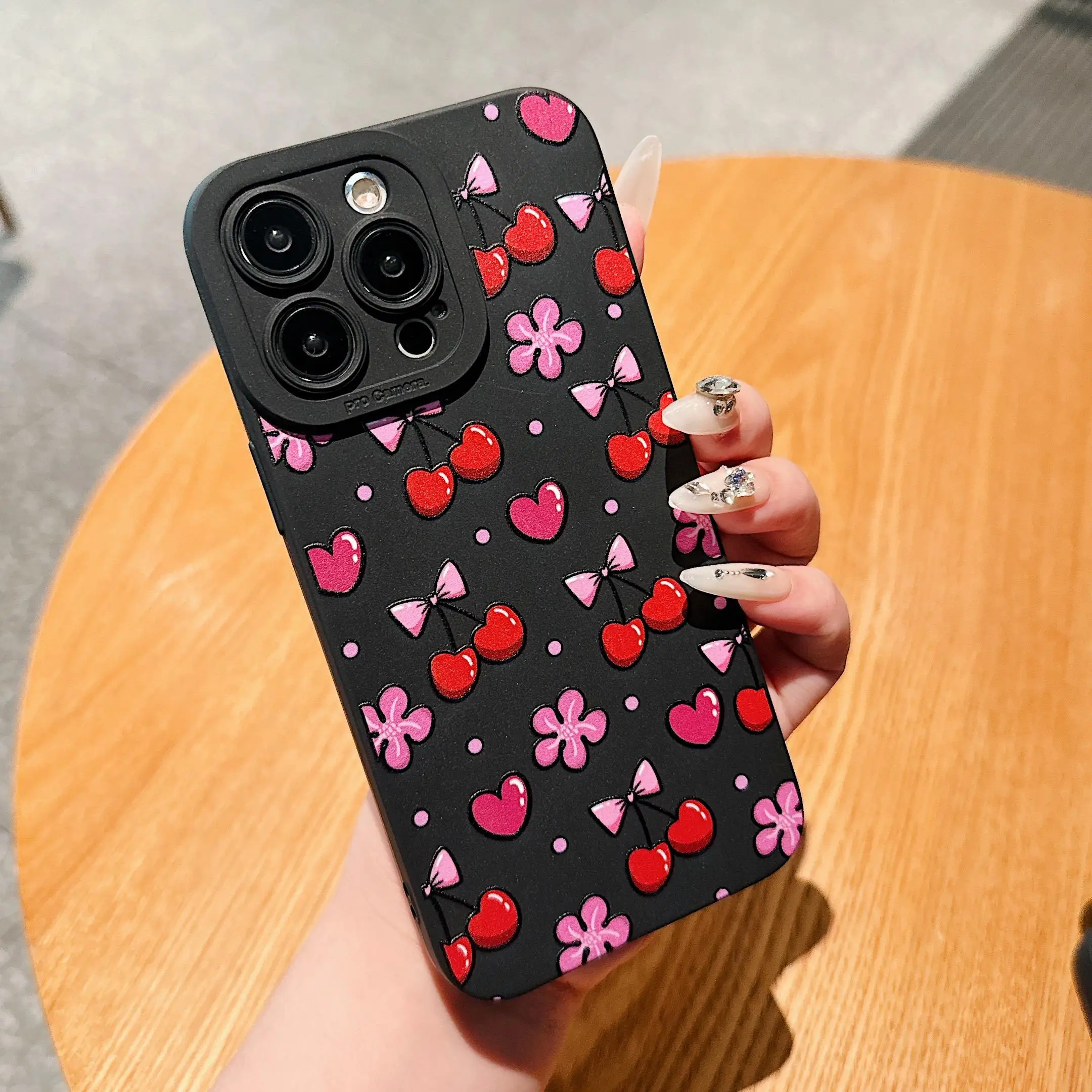 Cute Cherry & Bowknot Pattern Phone Case Total Protective Shockproof Phone Cover for IPhone 16 Pro Max 15 Pro 14Plus 13 12 11