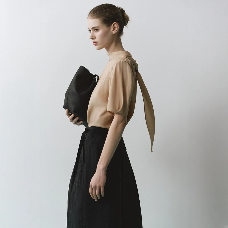 

Elegant Korean Style Shirt with Sash Short Sleeve Stand Collar Back Neck Knot French Style Straight Cut Polyester F...