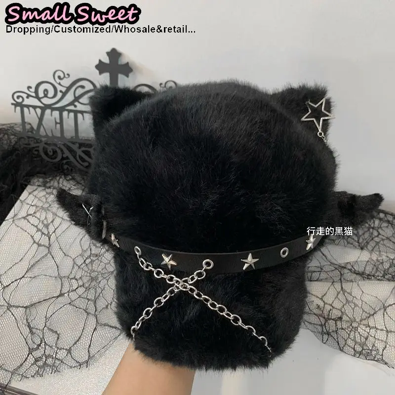 Gothic Lolita Y2K Beanie Hut Frauen Katze Ohr Flügel Schwanz Stern schöne Herbst Winter Hip-Hop flauschige süße spitze Pullover Beanie Hüte