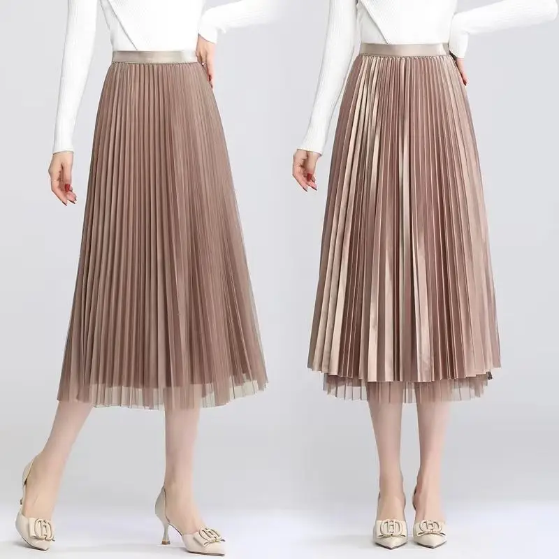 New Fashion Solid Color Thin Sagging Sensation Pleated Skirt Women Two Layers Gauze Mesh High Classic Temperament Lady Skirt