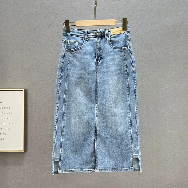 

Новая женская джинсовая юбка Slim Fit с высокой талией, весна-лето, из хлопка, эластичная, с разрезом, средней длины, А-силуэт, для делового и повседневного стиля