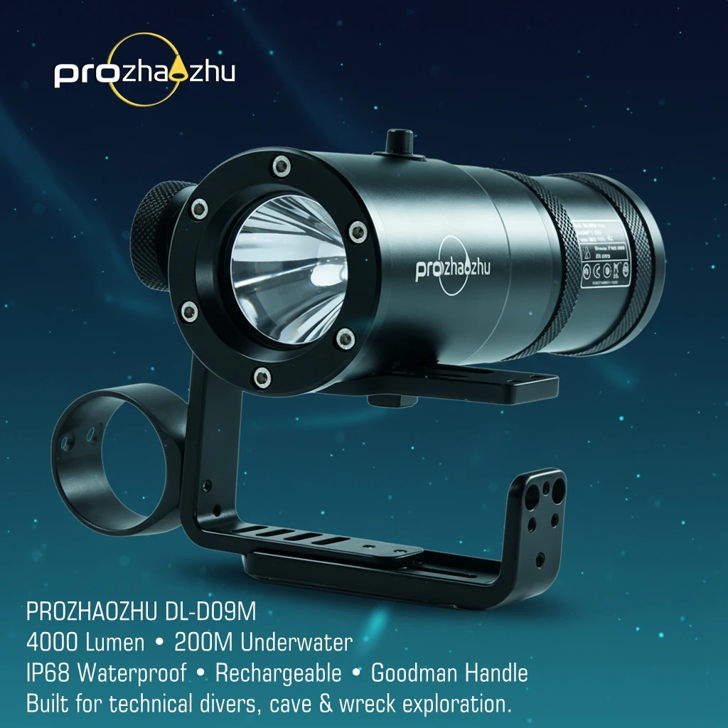 PROZHAOZHU DL-D09M Scuba Diving Light 4000 Lumen 200M IP68 Waterproof Rechargeable Underwater Lamp