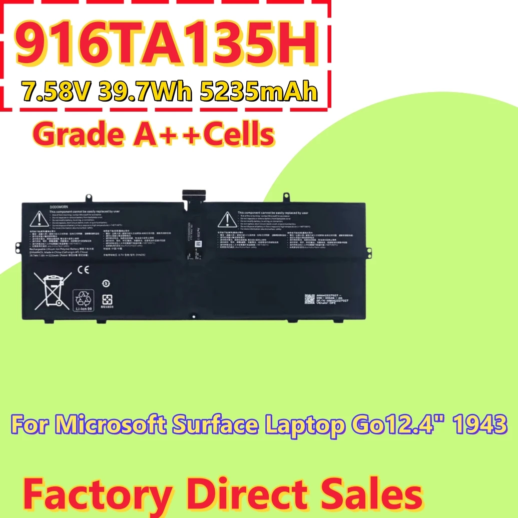 Grade A Cells 916TA135H DYNZ02 Laptop Battery For Microsoft Surface Laptop Go Model 1943 2013 AHA42227027 AHA42227028 Series