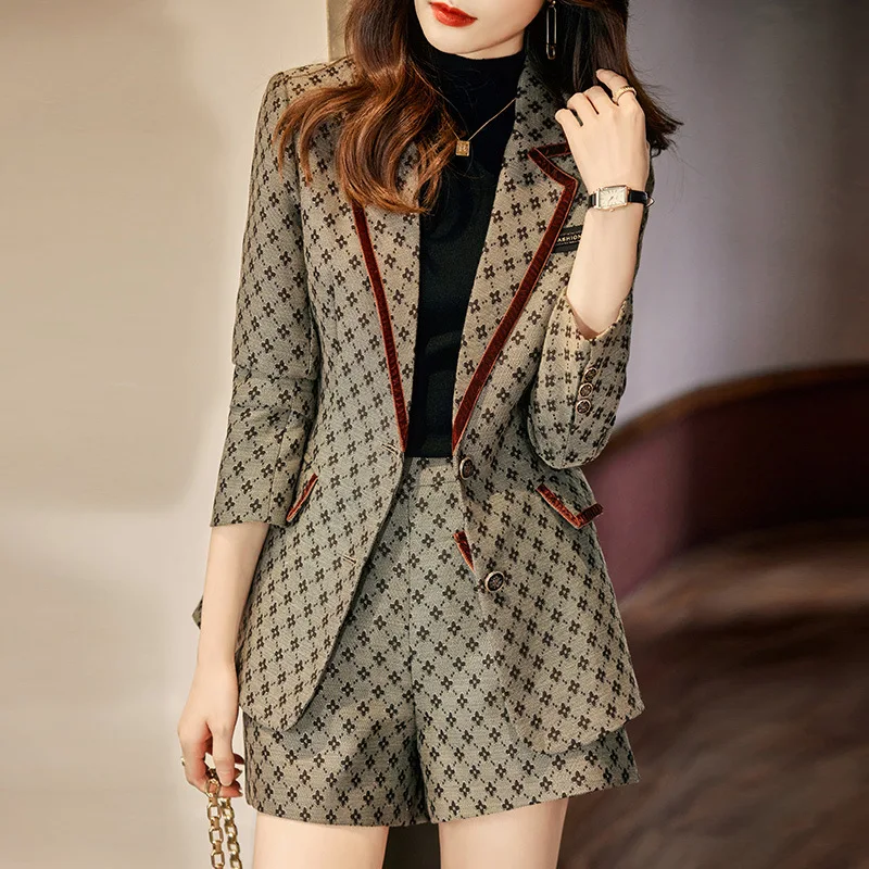 Tesco Khaki Print Women Jacket 2 Piece Suit Senior Blazer Pantsuits For Office Lady Formal Shorts Suits For Working blazer mujer