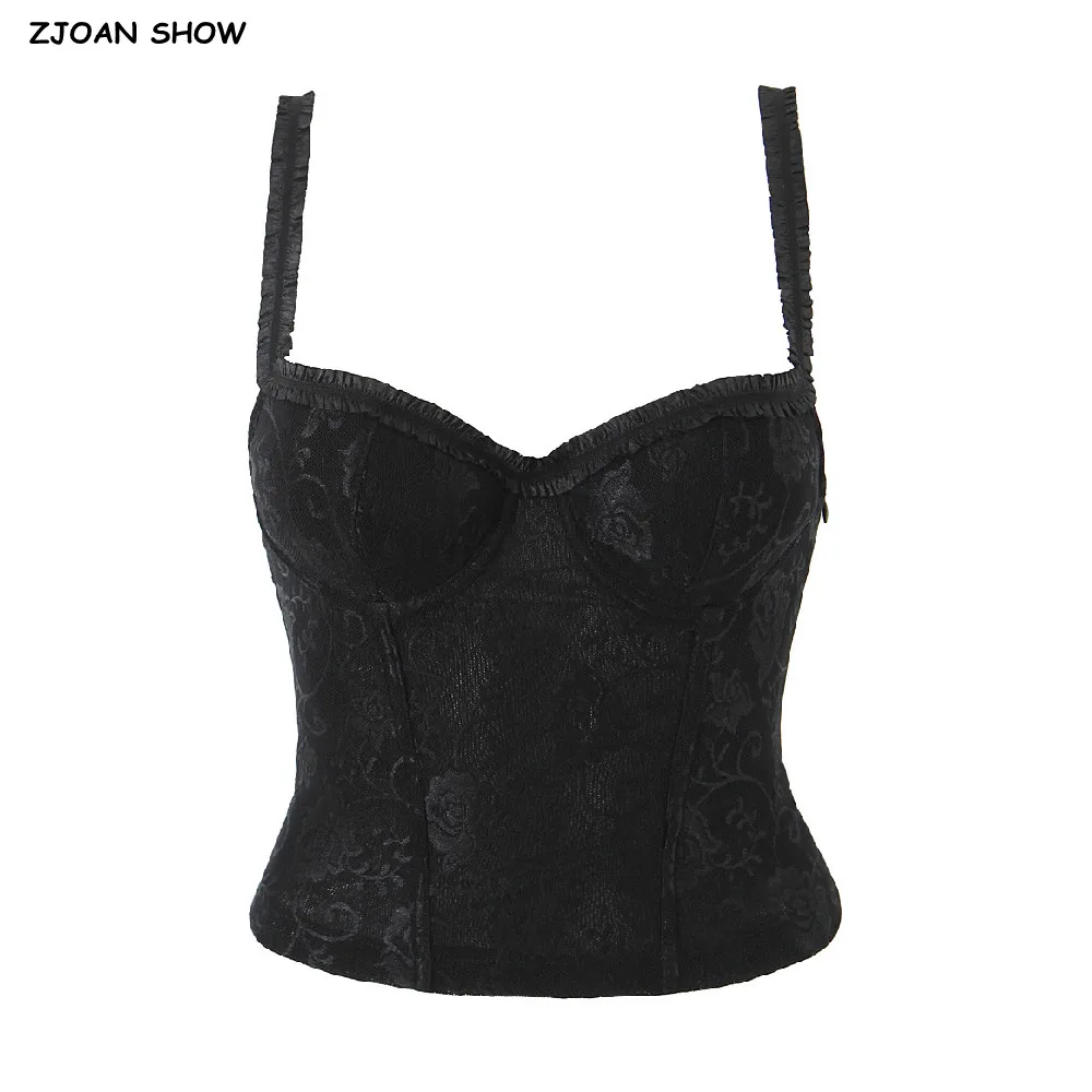 2025 Black Lace Pad Bra Wire Chest Corset Fish Bone Camisole Women Wood ears Strap Boning Summer Tank Tops Crop Top