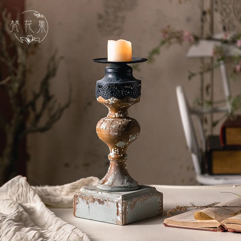 Rustic Candle Holder with Wooden Pedestal for Living Room Dining Table Decoration