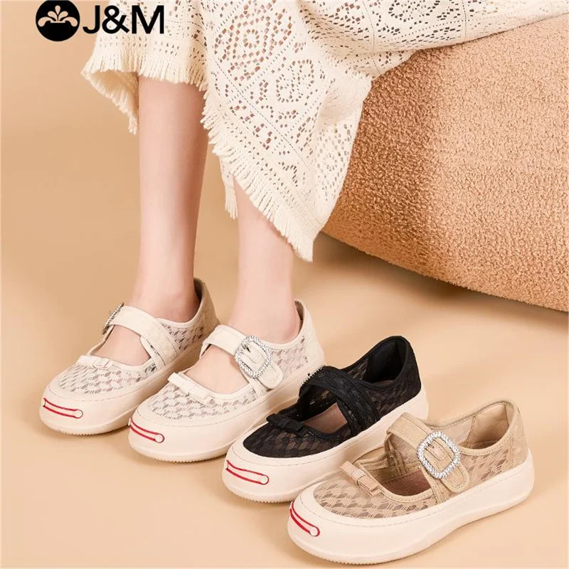 J&M Women Casual Shoes 2024 Lady Mesh Breathable Loafer Spring Summer Slip-on Shoes White Shoes Rhinestone Buckle Sneakers