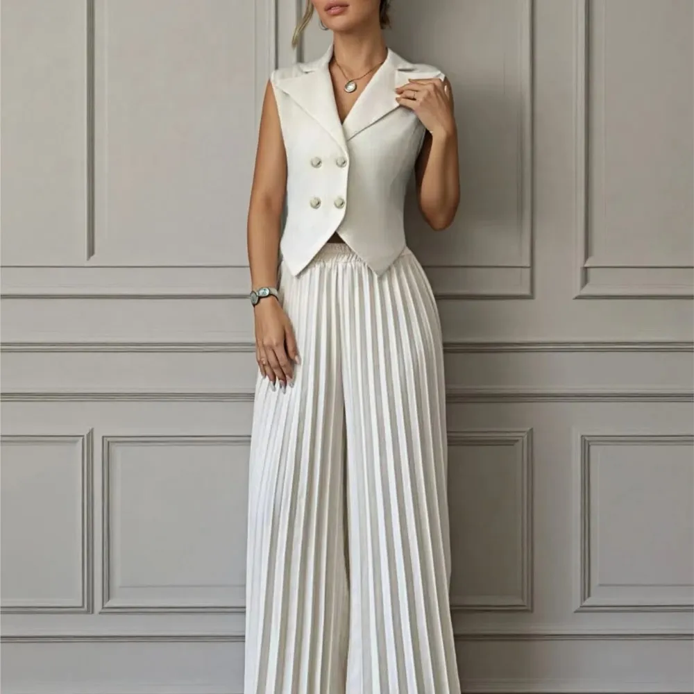 ノースリーブベストとゆったりプリーツパンツのツーピースセット 春夏 レディース新作ファッションパンツセット Conjuntos De Pantalones 신상투피스