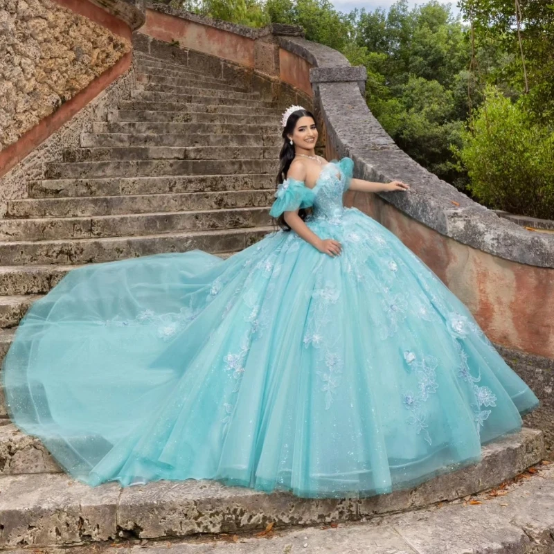 Water Blue Shiny Princess Quinceanera Dresses Off Shoulder Lace Appliques Crystal Tull Ball Gown Sweet 16 Dresses Vestidos De 15