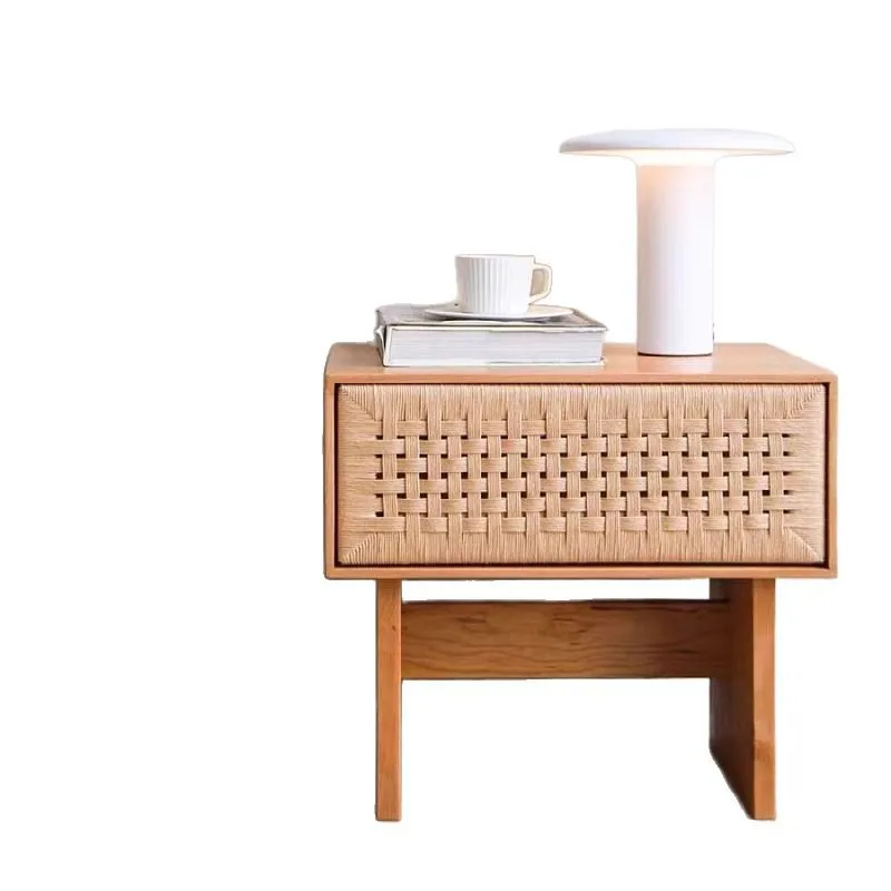 

Wabi Sandy Wind Solid Wood Rattan Bedside Cabinet Small Cabinet Homestay Furniture Retro Style Bedroom Simple Storage
