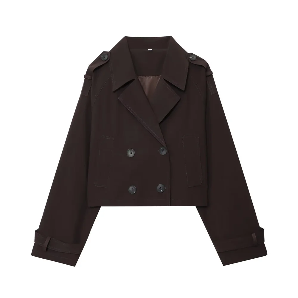 

Autumn new women's commuting style versatile double breasted lapel long sleeved solid color short windbreaker jacket