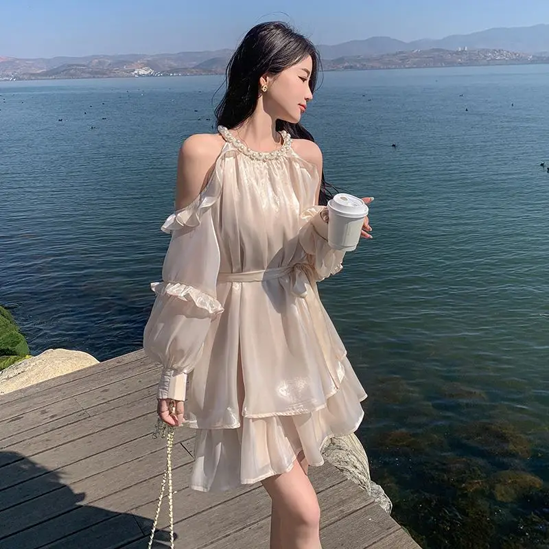 

Summer Celebrity Irregular Dress Women Super Fairy Shine Smooth Hanging Neck Strapless 2025 New Women Dress