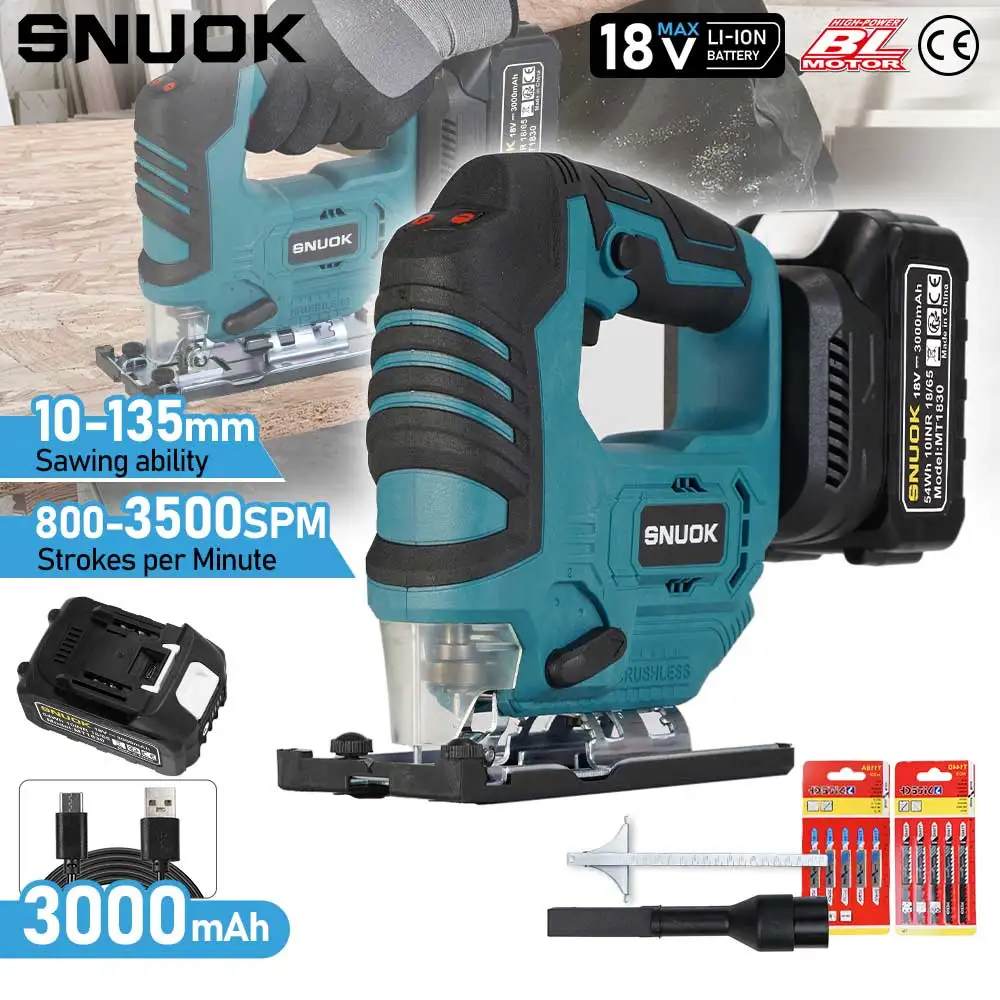 SNUOK Sega a curva senza spazzole 18V, utensile elettrico con batteria 3.0Ah Type-C per batteria al litio Makita, velocità 3500 RPM, 5 velocità regolabili, taglio multi-angolo, adatta per tagliare