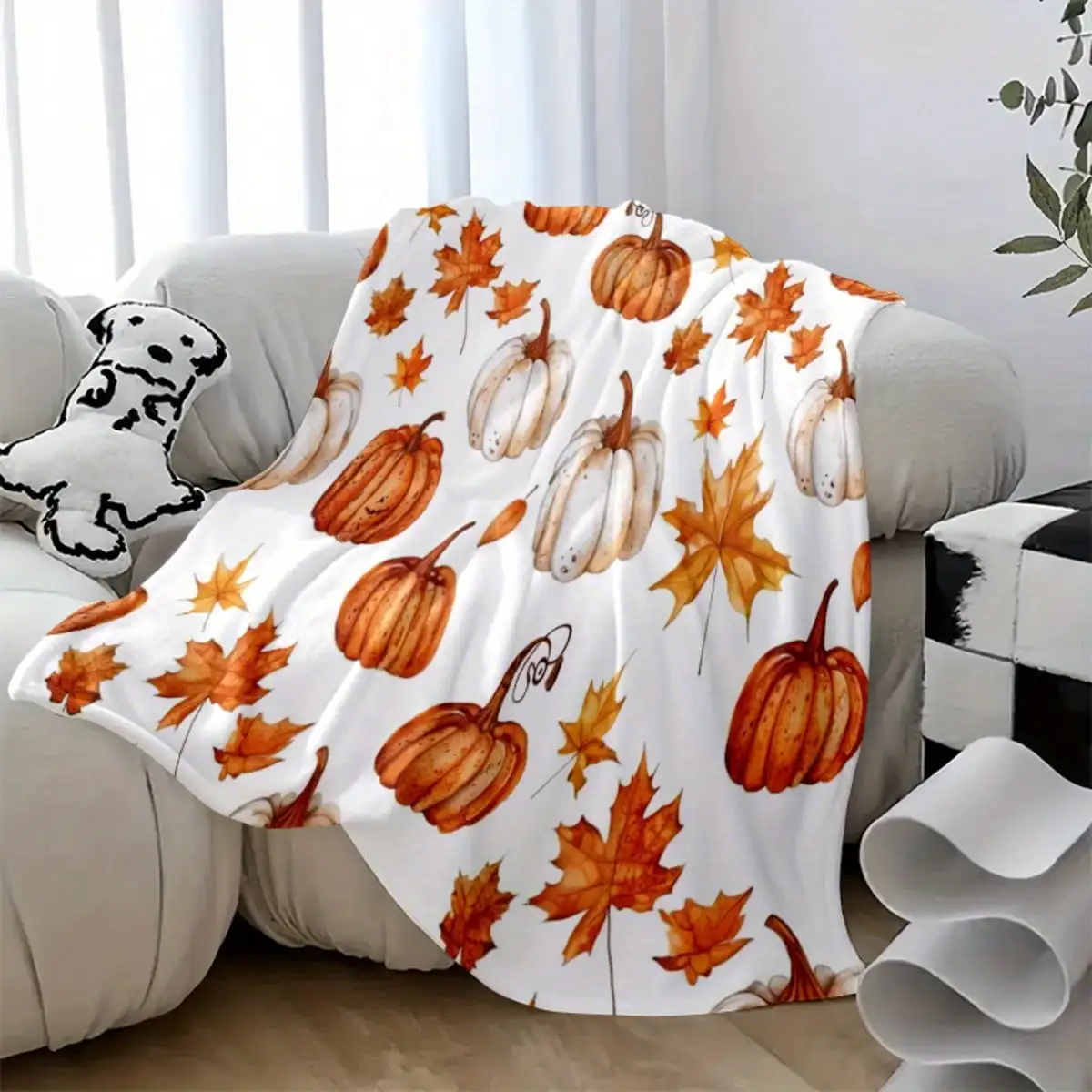 Plush Flannel Blanket Soft Durable All Season Couch Bed Throw White Orange Pumpkin Leaf in Autumn Colors Farmhouse Decor