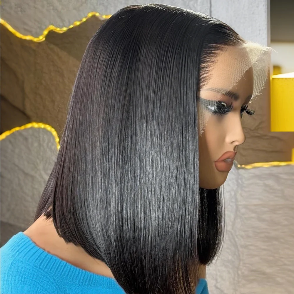 

13x4 HD Прозрачный парик из натуральных волос на кружеве, предварительно сорванный короткий прямой парик Боб, бразильский парик из натуральных волос на шнуровке для чернокожих женщин