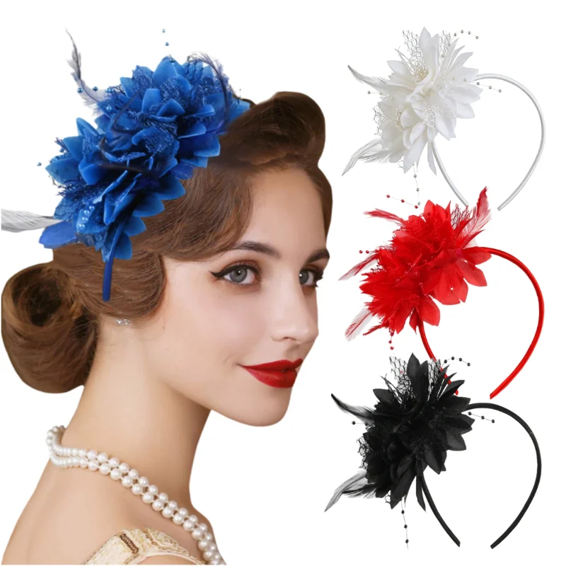 Diadema Elegante y Encantadora con Flores de Malla y Plumas para Mujer, Estilo Retro para Cócteles, Fiestas de Té, Color Negro, Rojo, Blanco y Azul, Accesorio para el Cabello para Fiestas y Bailes