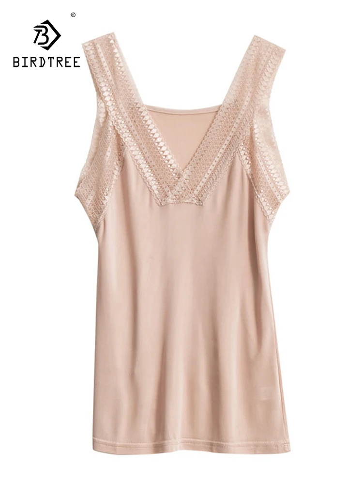 

Birdtree Real Silk Knit Lace Camisole Tank Tops Underlay Sexy V Neck Solid Vest Sleepwear Spaghetti Strap 2023 Summer P37804QC