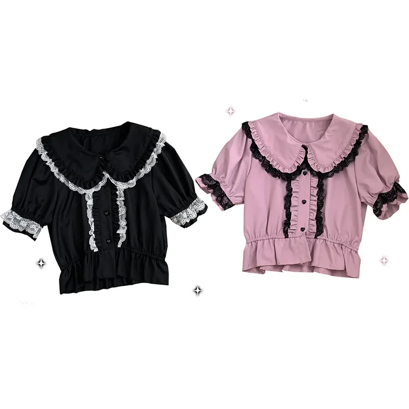 NONSAR Japanese sweet Cute Lolita Puff Sleeve Shirt Summer Y2k Lace Heart Button Kawaii Bow Short Blouse New Women Princess Tops