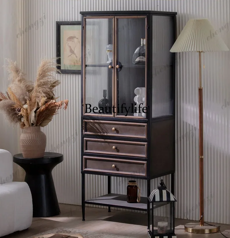 A52 American light luxury glass cabinet living room figure handicraft display cabinet industrial style multi-drawer storage cabi view 3