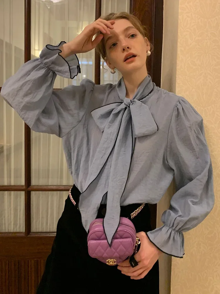 

GypsyLady French Elegant Chic Blouse Shirt Blue Black Cotton Bow Tie Spring Summer Women Blouse Long Sleeve Ladies Top Shirt