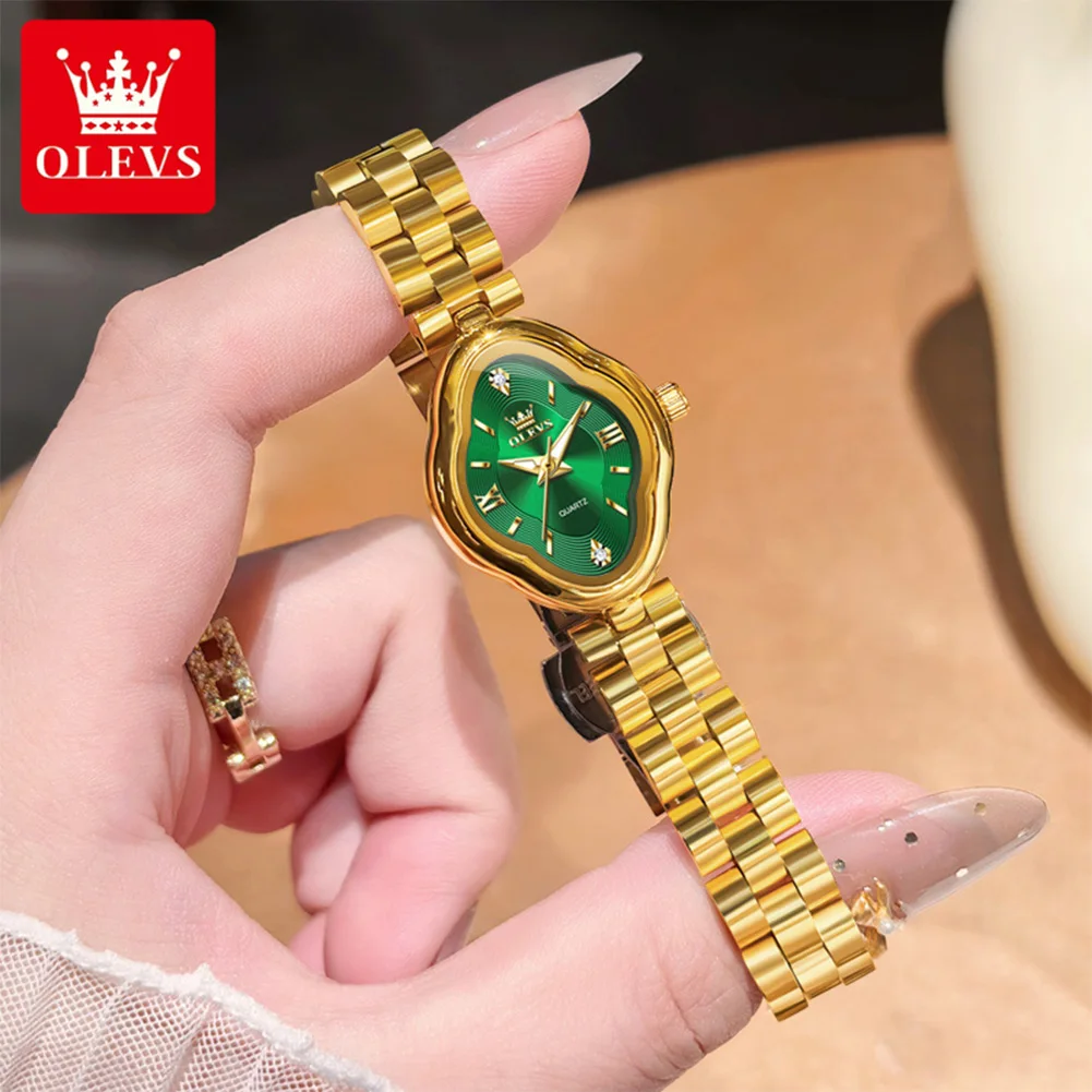 OLEVS Woman Watch Oval Personalized Retro Original Quartz Watch for Women Gold Solid Steel Strap Waterproof Ladies Watches 5666