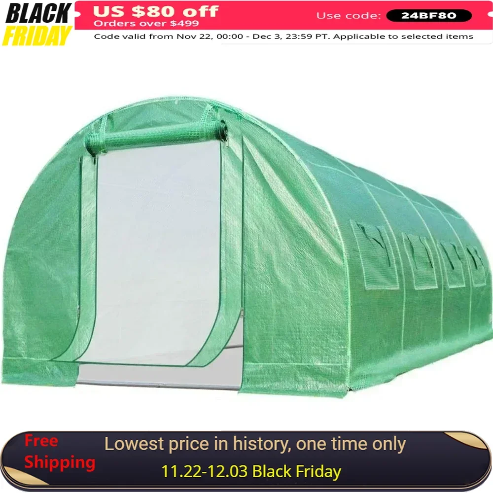 

Greenhouse, 25' X 10' X 6.6' FT Walk-in Green House W/ Heavy Duty High & PE Cover 2 Zipper Doors, Outdoor Green House