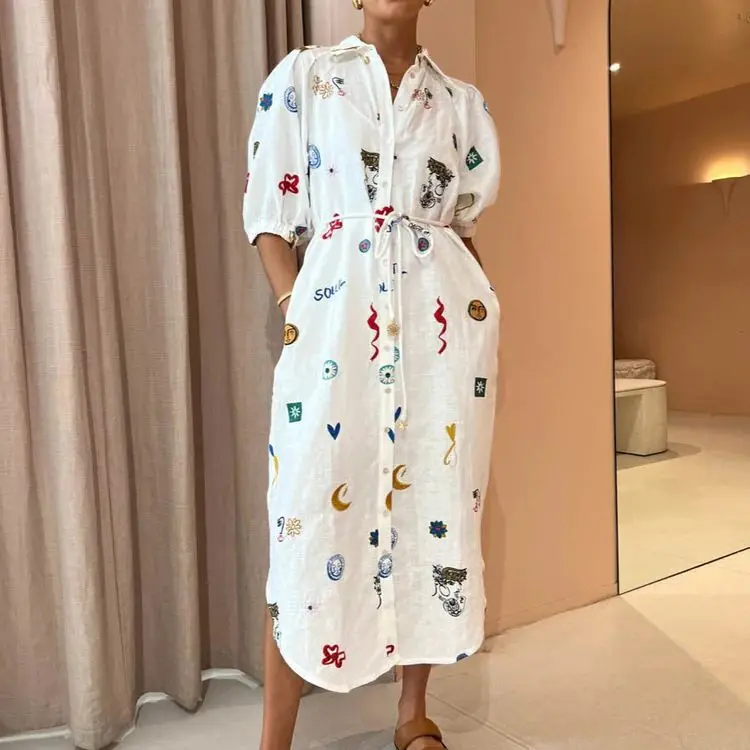 Elegant Casual Lapel Graffiti Print Shirt Dress Women Lace-up Single Breasted Commute Long Dress Fashion A-Line Cardigan Dresses