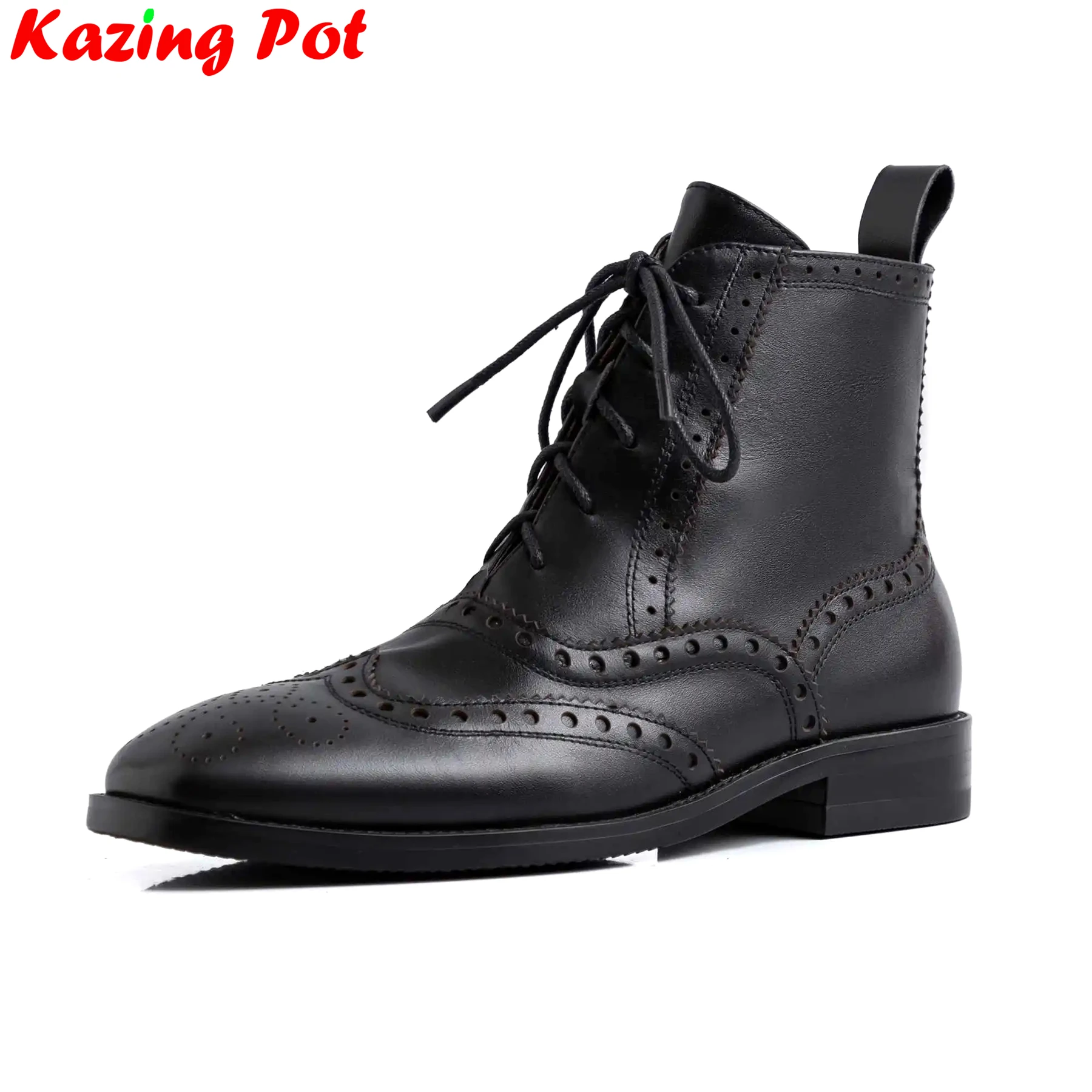 

Krazing Pot Genuine Leather Chelsea Boots Square Toe Chunky Low Heels Winter Shoes Lace Up Fashion Classics Women Ankle Boots