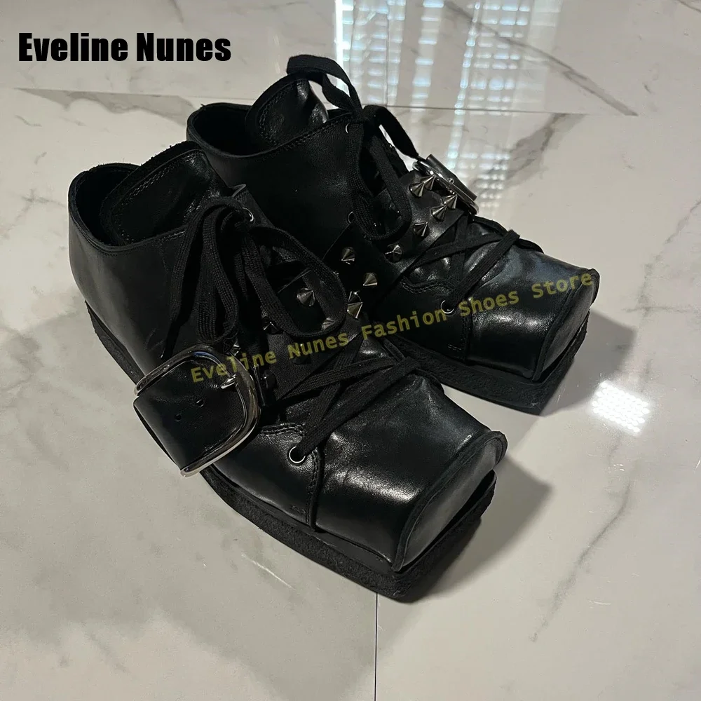Karree-Pumps mit Gürtelschnalle, schwarze Nieten-Dekoration, Schnürung, flache Patchwork-Paar-Schuhe, 2025, lässige Lederschuhe, Neuankömmling