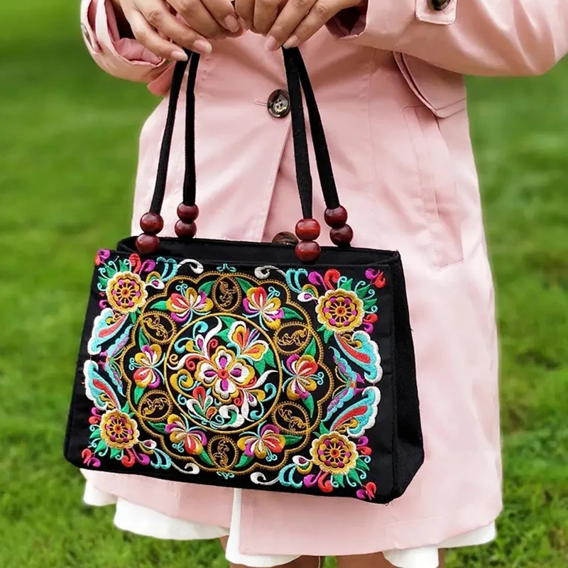 Ethnic Style Double-sided Embroidered Double-layer Bag Canvas Bag Embroidered Middle-aged And Elderly Women Handbag Square Bag