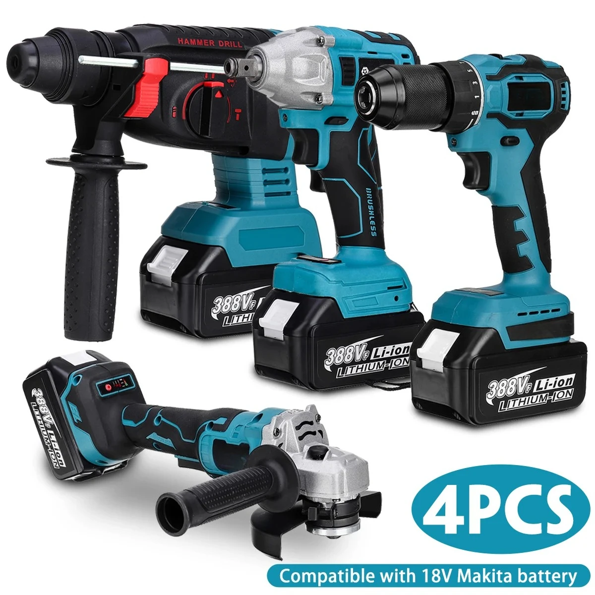 4 in 1 Professional Tool Set 800N.M Electric Wrench,  Power Drill Machine,Hammer, Angle Grinder For 18V Battery