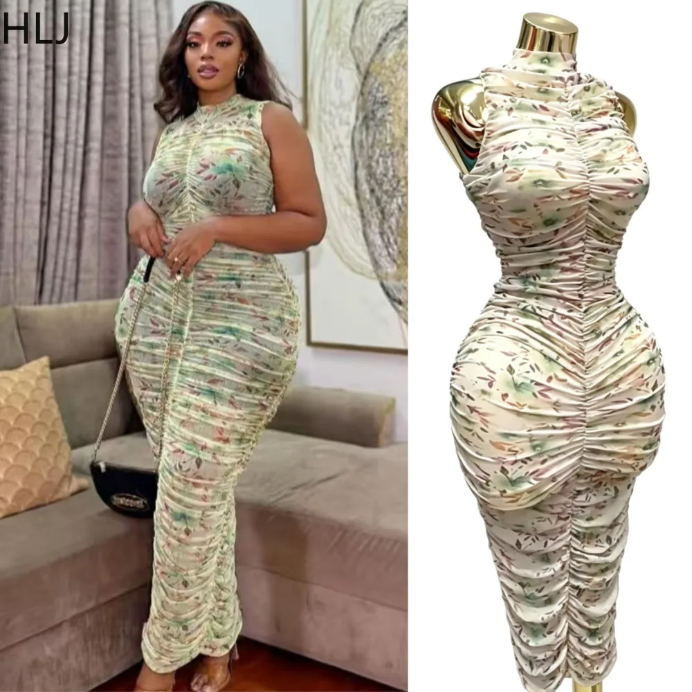 HLJ Sexy Mesh Pattern Printing Dresses Women High Neck Sleeveless Ruched Patchwork Bodycon Dress Evening Party Clubwear Vestidos