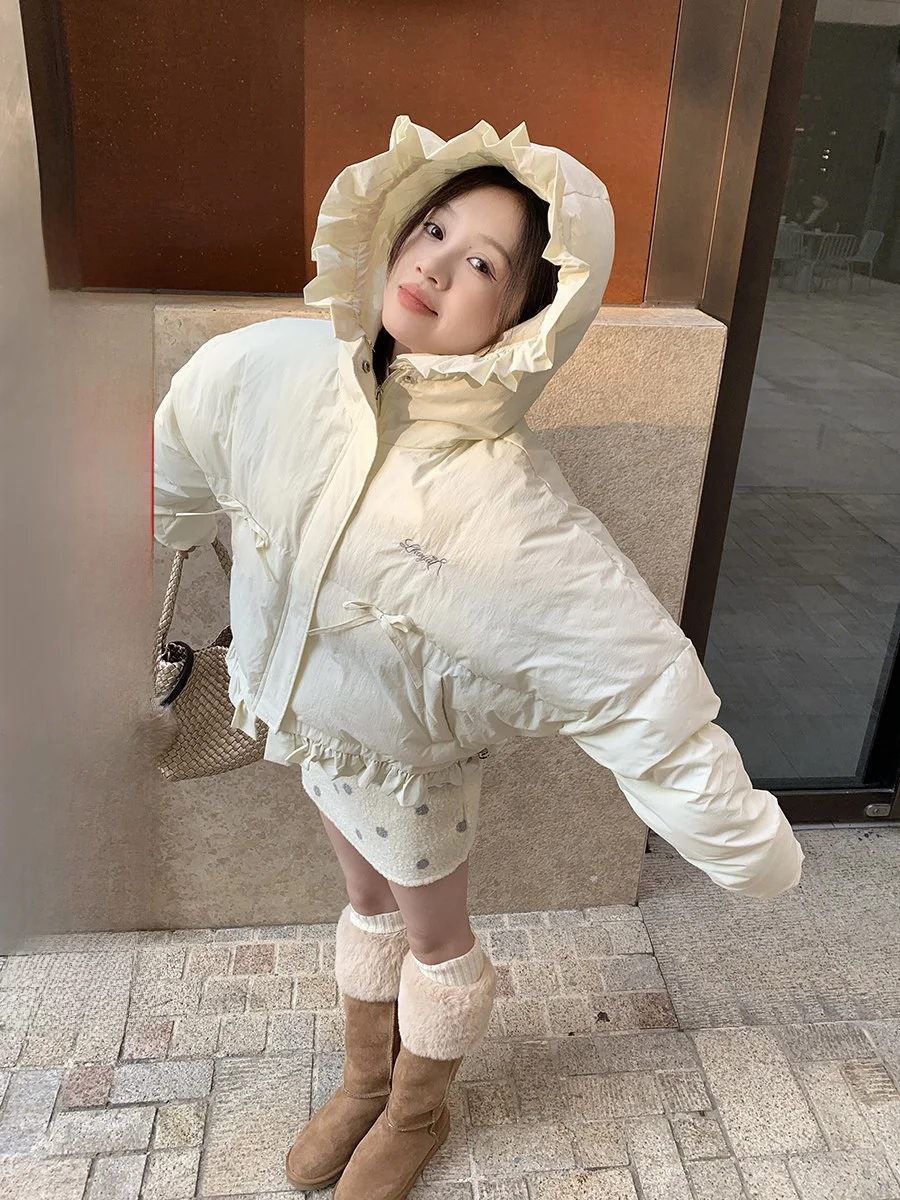 

Милое хлопковое пальто с капюшоном и кружевной отделкой, вышитые буквы, ухо, музыкальная отделка, бот, хлопковое пальто, верхняя одежда