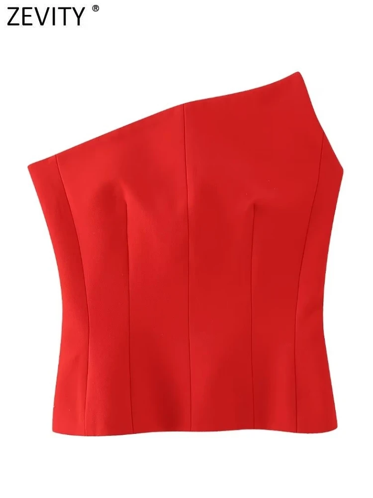 Zevity Women Fashion Strapless Red Color Asymmetrical Smock Blouse Female Inner Style Zipper Slim Shirt Blusas Chic Tops LS3509