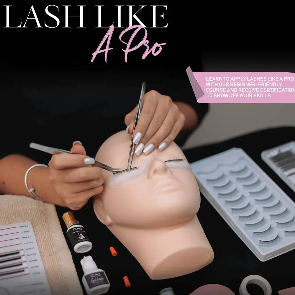Complete Eyelash Extension Kit with Training Course & Certification, Includes Practice Mannequin Head, Tools for Beginners