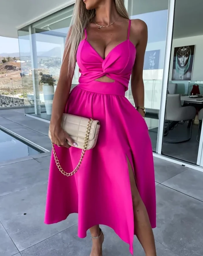 

Women's Elegant Dress Twisted Slit Spaghetti Strap Casual Dress 2024 Spring/summer Latest Casual V-Neck Ruched Daily Long Skirt