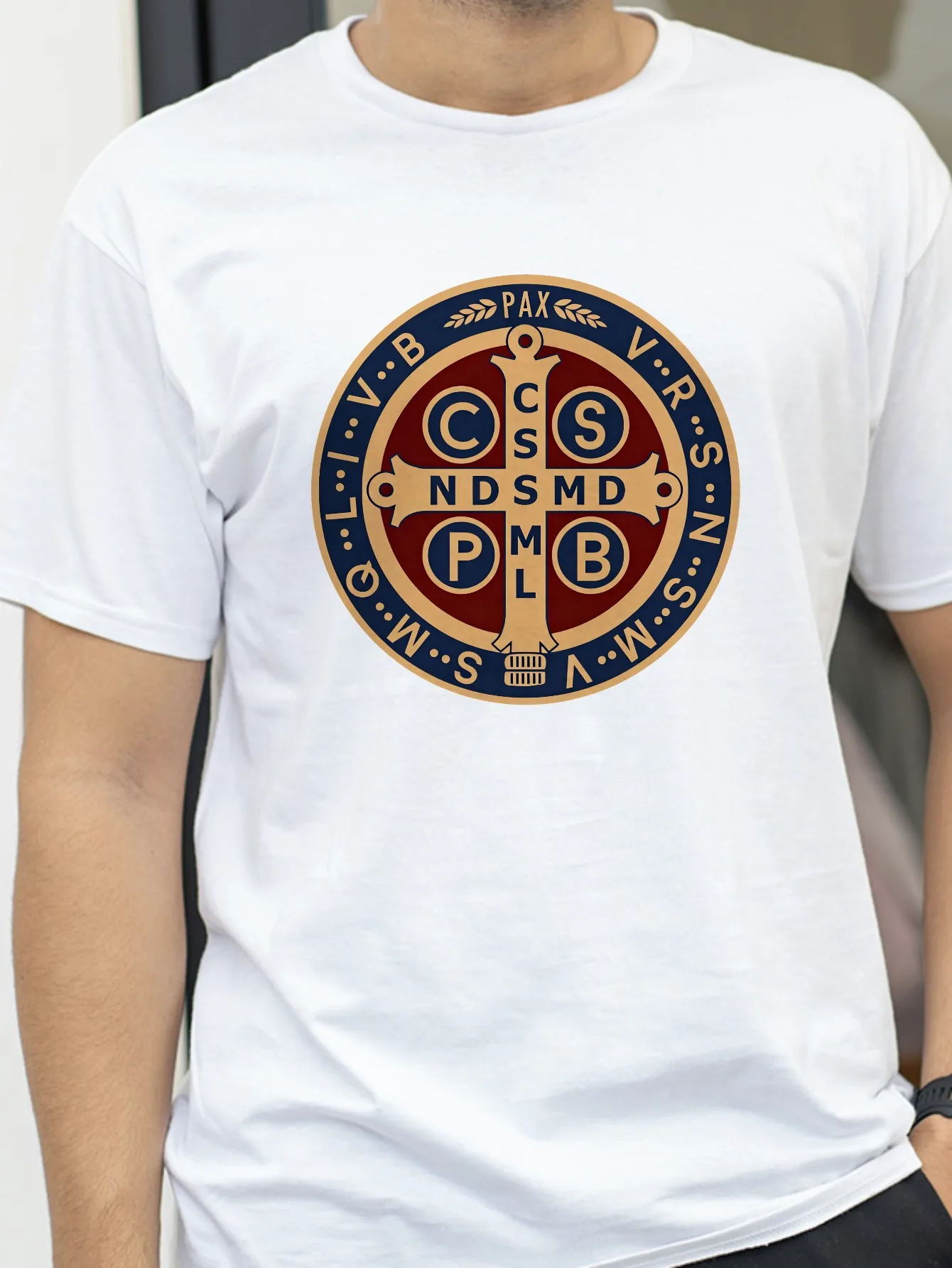 

The Saint Benedict Medal Catholic T-Shirt fashion casual Printing Graphic tshirt summer Breathable Round Neck Street Short tees